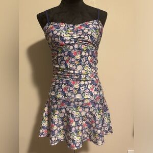 EUC Nicole Miller Purple Floral Bandeau Ruche One-piece Swim Dress size small